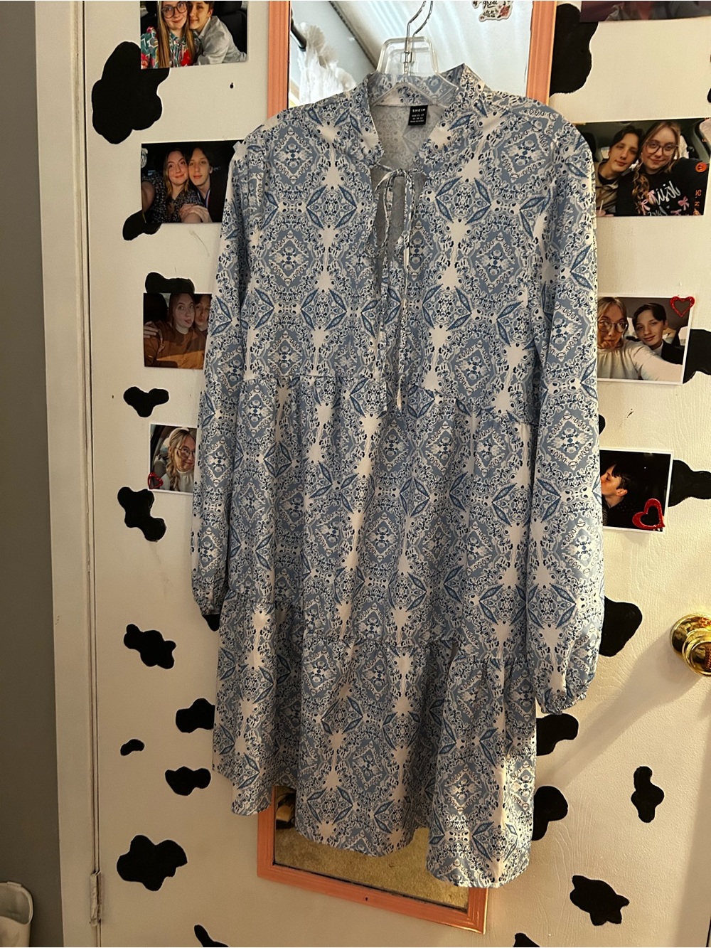 Blue & White Printed Tie-Neck Babydoll Dress